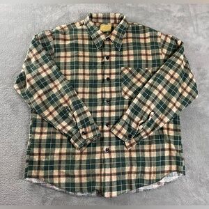 Vtg Sears Soft Flannel Shirt Men's XL Green Tan Plaid 70s 80s Perma-Prest Light